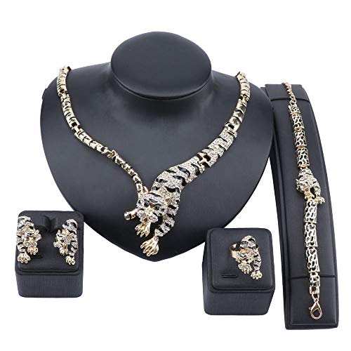 Trendy Gold Color Handmade Enameled Leopard Tigle Crystal Necklace Bracelet Earrings Ring Party Costume Jewelry Sets3