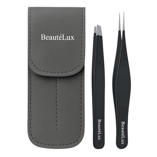 Precision Tweezer Set, Pointed tip & Slant Tip Tweezer for women & men, Stainless Steel eyebrow Tweezers, Stocking Stuffer, tweezer for Chin hair, Ingrown Hair Removal, Black tweezers with case