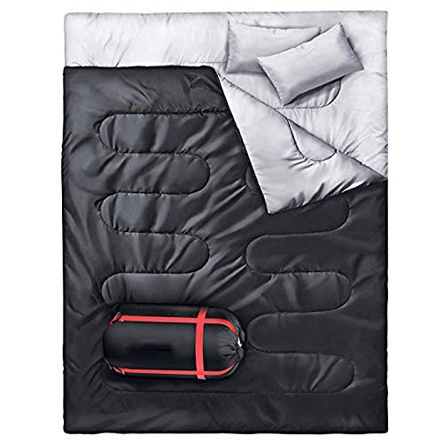 Aconga Double Sleeping Bag with 2 Camping Pillows, Waterproof Lightweight 2 Person Adults Sleeping Bag for Camping, Backpacking, Hiking,Carrying Bag