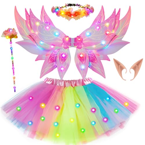 G.C Leuchtende Feenkostüm Mädchen LED Feenflügel mit Tutu Tüllrock Blumenkranz Zauberstab Elfenohren Fee Kostüm Kinder Faschingskostüm Halloween Karneval Kostüm für Mädchen (Rosa)