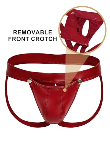 ohyeahlady PU Leder Strings für Herren Tanga mit Öffnung Sexy Unterwäsche Große Größen Dessous Reizwäsche Ouvert Slip Wetlook Unterhosen Thong Low-Rise Pouch Underwear Jockstrap Briefs Rot XL