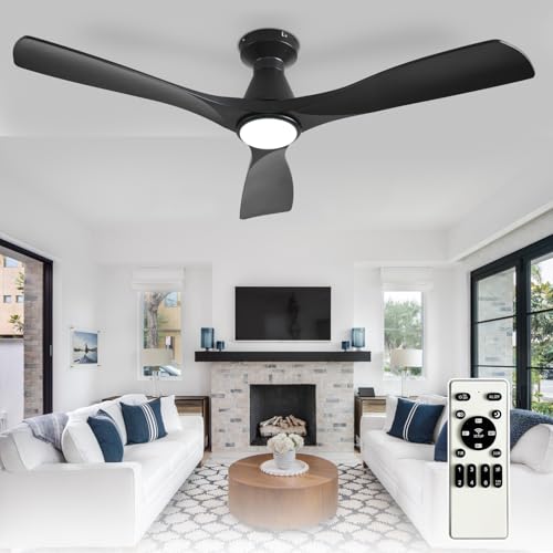 Image of Depuley 52-Inch Ceiling Fans with Lights: Black 3 Blade Flush Mount Low Profile Ceiling Fan for Bedroom - Dimmable Indoor Outdoor Fan with Remote Control Ultra Quiet DC Motor Timer