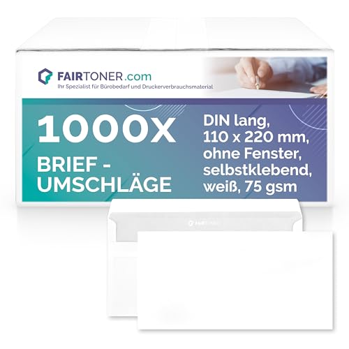 FairToner Briefumschläge DIN lang ohne Fenster 75gsm (1.000 Stück) selbstklebend 22 x 11 cm weiß
