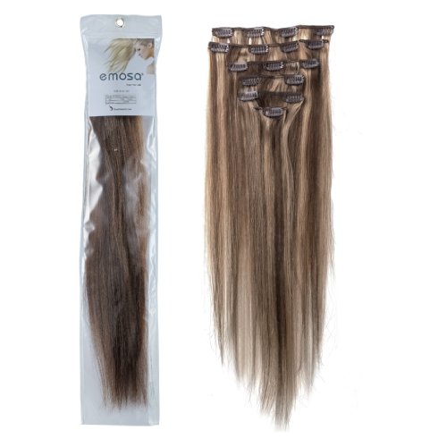 Emosa Clips in Remy Human Hair Extensions for Women Beauty Hot Sale (#4/27-medium brown mixed with dark blonde)(7pcs 18inch)