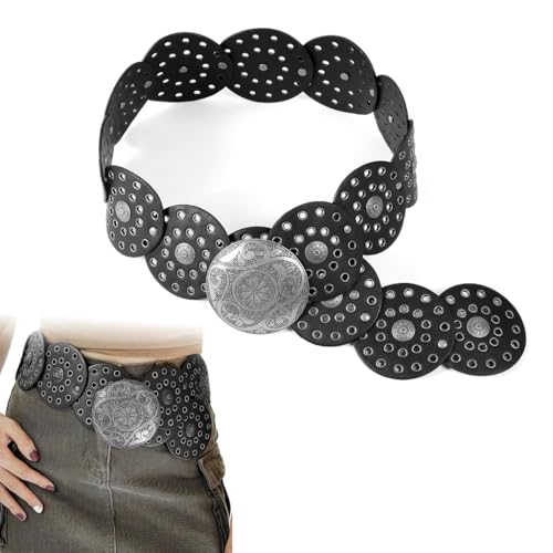 Image of SANNIDHI Women Leather Belt Dresses Stylish Vintage Boho Waist Belt Western Punk Cow Metal Buckle Belts Y2K Accessories Belt Jeans, Dresses, Skirts, Black
