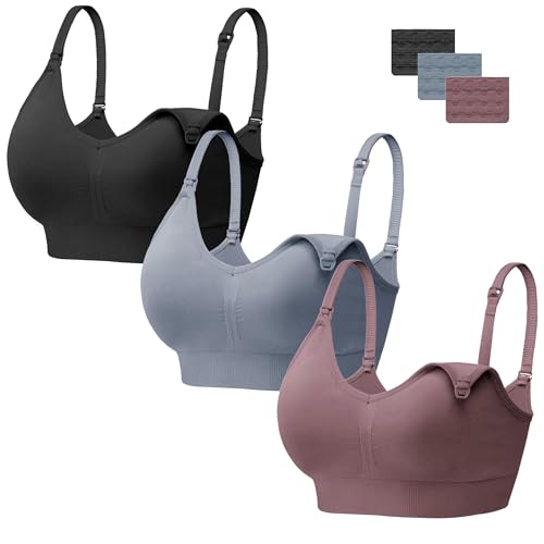 HBselect 3 Pcs Sujetador Lactancia de Maternidad, Sujetador de Lactancia Sin Costuras con Extensiones de Sujetador Adicionales Lactancia y Sueño Sin Aros para Mujeres