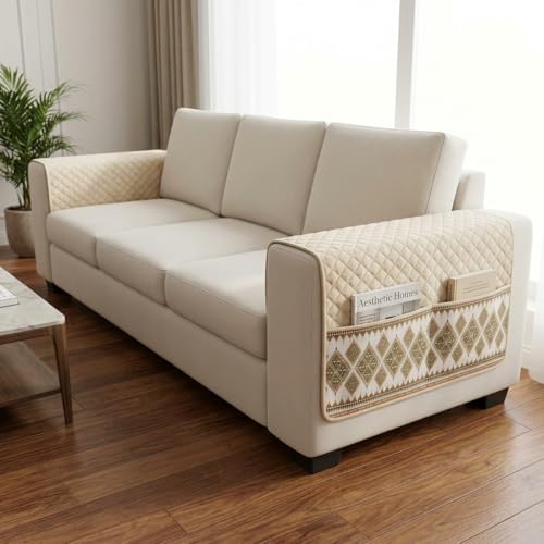 Image of KINGLY Armrest Cover with Pocket | Anti-Slip Sofa Arm Protector | Washable Arm Cover | Cream Beige