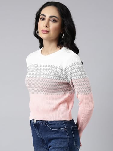 Image of SHOWOFFFF Women Geometric Fitted Casual Top | Round Neck Full Sleeves Knitted Top's for Womens | Regular Fit Midi Tops for Women's
