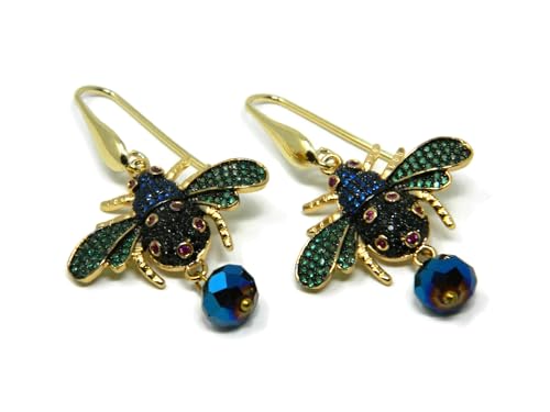 Boucles d'oreilles abeille zircons fuchsia et boules cristal bleu