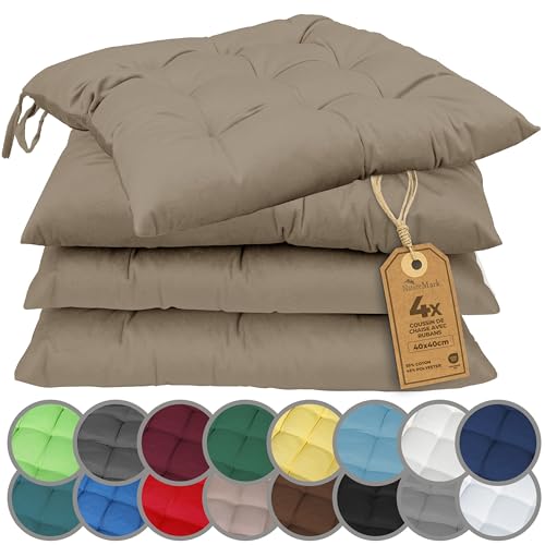 NatureMark Lot de 4 Galettes de Chaises avec Rubans 40x40 cm – Coussin de Chaise Épais pour Intérieur & Jardin – Couleur Sable/Beige