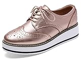DADAWEN Women's Platform Lace-Up Wingtips Square Toe Oxfords Shoe Gold Leather US Size 6.5/Asia Size 37/23.5cm