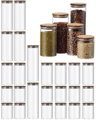 Image of Qinyoung Glass Storage Jars with Wooden Lids, 4 Sizes Food Storage Containers Clear Stackable Canisters Airtight Glass Jars for Candy Cookie (Clear, Dark Brown, 15oz 25oz 34oz 42oz, 24 Pcs)