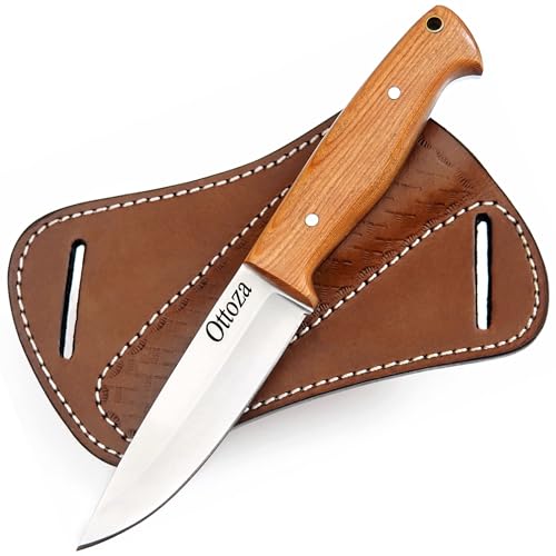 Ottoza Full Tang Bushcraft Knife with 1095 Carbon Steel Fixed Blade - Survival and Outdoor Camping Knife - Olive Wood Handle Brown Leather Sheath 405