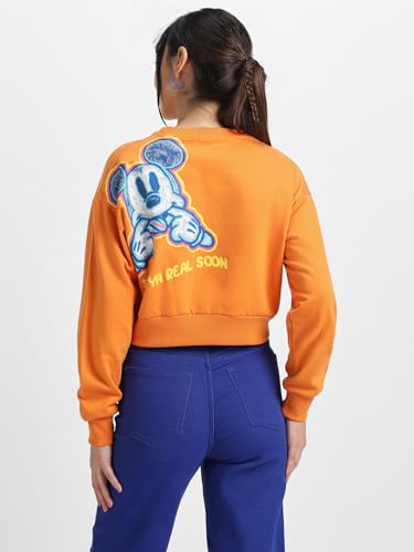 Image of JUNEBERRY Cotton Poly Fleece Official Disney Merchandise Regular Fit Orange & Green Mickey Mouse See Ya Real Soon Graphic Print Full Sleeve Sweatshirt for Women