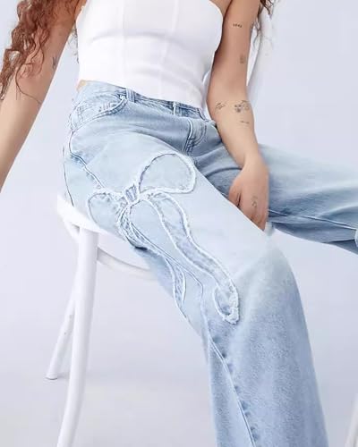CORIRESHA Women's Cute Bow Jeans Straight Leg Casual Baggy Y2K Denim Pants2