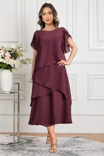 Tea Length Chiffon Mother of The Bride Dresses Layered Grandmother Dress Short Sleeve Wedding Guest Dresses Summer2