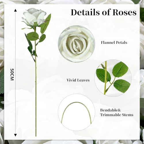 10 PCS Artificial Roses with Stems 50cm Long Fake Roses Silk Flowers Realistic Foam Flowers for Home Wedding Decorations (White) image 5