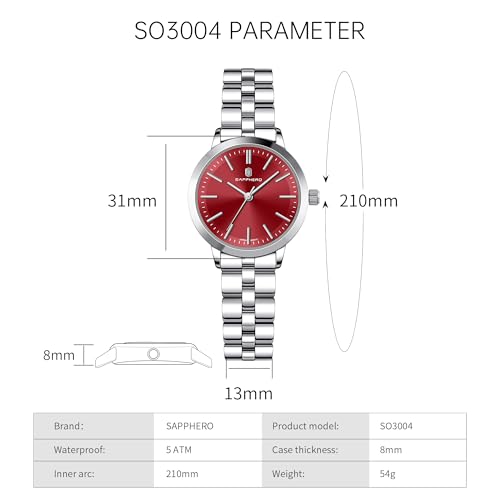 Image of Sapphero Ladies Watch Easy to Read Wristwatch, Women's Quartz Watch with Stainless Steel Strap, 5 ATM Waterproof, Classic Elegance Women Business Waterproof Watch