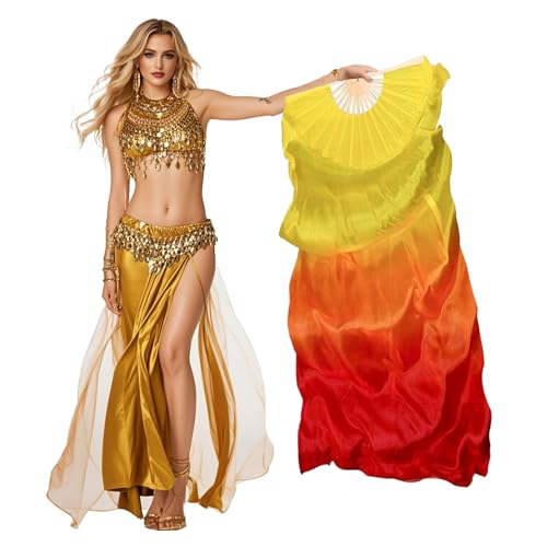 Women Belly Dance Fan for Beginners 180x90cm Faux Silk Fan (Right Hand Only) Flowing Veil Fan for Practice&Performance (Yellow Orange red)