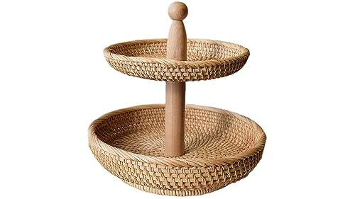 LiLaCraft 2-Tier Knited Wicker Serving Standing Rattan Trays, Rustic Tiered Serving Stands for Parties, Picnics, Kitchen, Serving Stands for Food Storage, Fruit and Dessert Holder