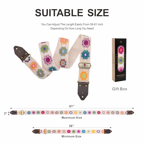 Image of Nefelibata Guitar Strap,Crazy Horse Leather Jacquard Embroidery Cotton Guitar Straps for Bass, Electric & Acoustic, Best Gifts for Guitarists(Retro White Multi Flower)