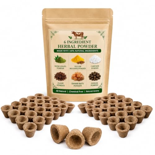 Image of Byre Cow Dung Panchgavya Sambrani Dhuni Cups (90 Pieces) with 250 Grams of Tulsi Leaves, Neem Leaves, Camphor, Sambrani Powder and Yellow Mustard (900) Gram