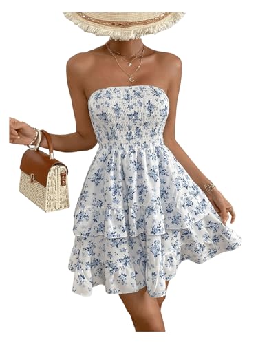 WDIRARA Women's Floral Print Ruffle Hem Tiered Layer Backless Shirred Tube A Line Dress