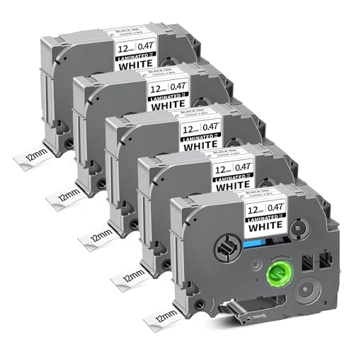5-Pack TZe-231 TZe231 Label Tape Compatible for Brother Label Maker Tape 12mm 0.47 White 1/2 Inch Work for P Touch PTD220 PT-D200 PT-D210 PTH100 PT-D400 PTD600 Label Maker Black on White