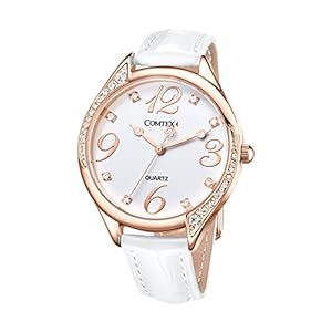 Comtex Damen Armbanduhr Strass Analog Quarz mit Leder Armband S128RG Rose Gold
