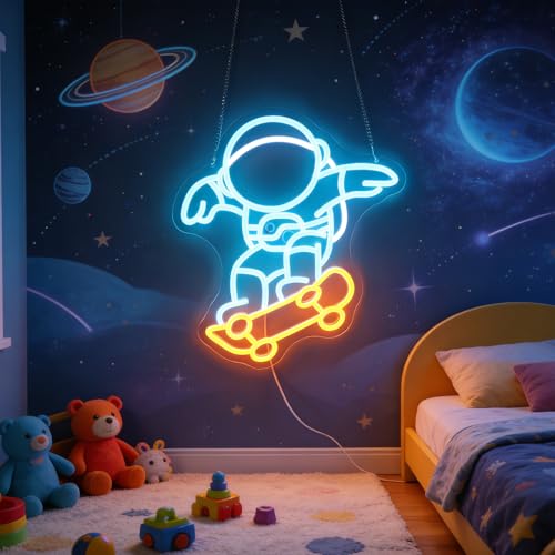 Image of inchAstronaut Skateboarding inch Space Adventure Light - Cool & Gravity-Defying LED Wall Art for Game Room, Dorm, Bedroom Decor, Dimmable USB, Awesome Gift for Sci-Fi Fans & Adventurers