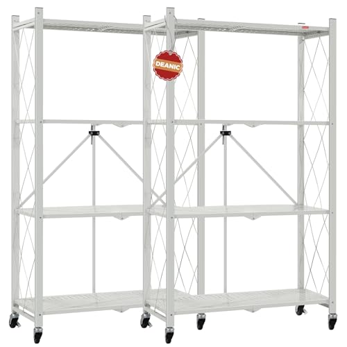 Image of DEANIC 4 Tier Foldable Storage Shelves with Wheels, Large Capacity Shelving Unit, Freestanding Metal Wire Shelf Rack, No Assembly Organizer Rack for Garage Kitchen, Basement, Pantry(Grey Pack of 2)