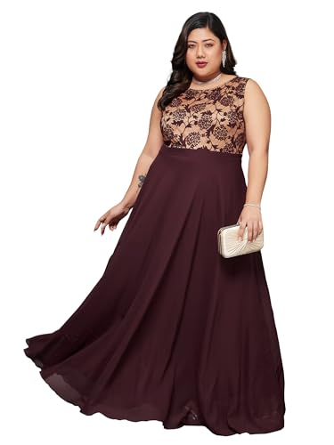 Image of Miss Chase A+ Women's Round Neck Sleeveless Georgette Floral Lace Fit & Flare Maxi Dress
