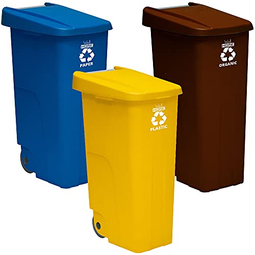 Pack reciclaje 3 Contenedores - cubo de basura Wellhome Reciclo 110L cerrado c/u: Azul (Papel y cartón) - Marrón (Orgánico) - Amarillo (Plásticos)