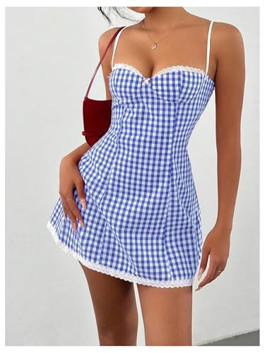 Image of MakeMeChic Women's Plaid Gingham Lace Cami Dress Sleeveless Going Out Mini Dresses Sundress