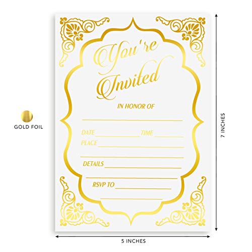 Fill in Invitations Wedding, Gold Foil - 25 Pack - Wedding Invitation, Hot Stamp Press. Party Invitations Birthday, Anniversary Celebration, Bridal or Baby Shower (Invitation Gold 2) - Thumbnail 3