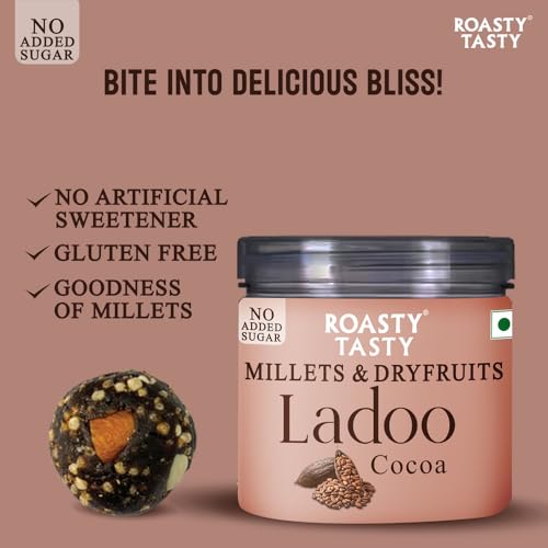 Image of Roasty Tasty Millets & Dryfruits Ladoo Cocoa 200g (Pack of 2 100g each) - 20 counts of ladoo | No Added Sugar Sweets