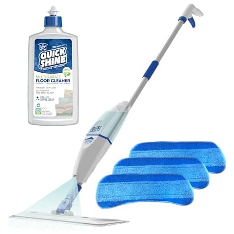 Quick Shine Spray Mop Kit with 3 Reusable Mop Pads & 1 Safer Choice Multi-Surface Floor Cleaner 16oz | Quick & Easy Cleaning | No Batteries Required | Refillable Cleaning Cartridge,White Cover
