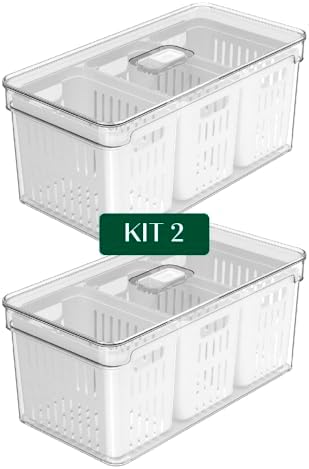 KIT 2 Organizador de Geladeira OF750 com Escorredor Interno Clear...