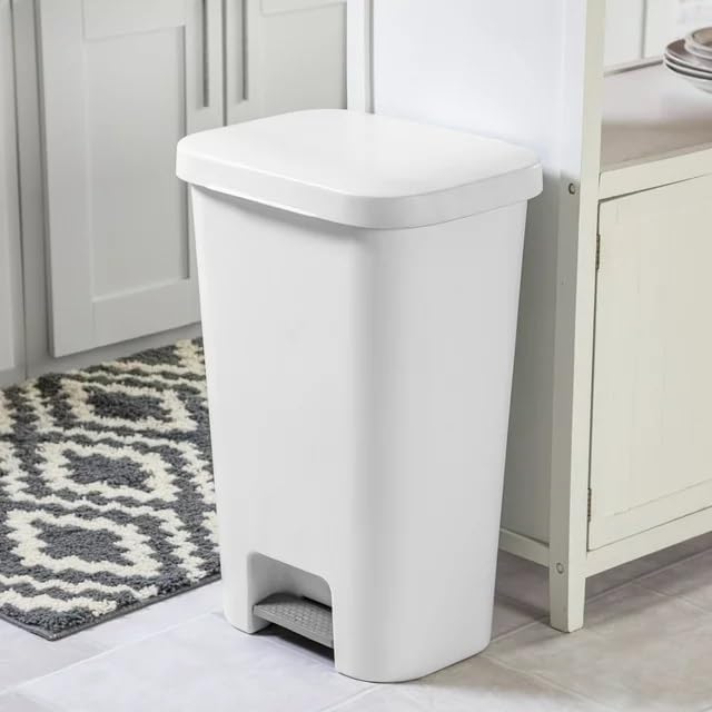 11.9 Gallon / 45 Liter StepOn Plastic Trash Can, Plastic Wastebasket Garbage Bin for Kitchen,Home, Bedroom, Bathroom,Office & Slim Space-Saving, White