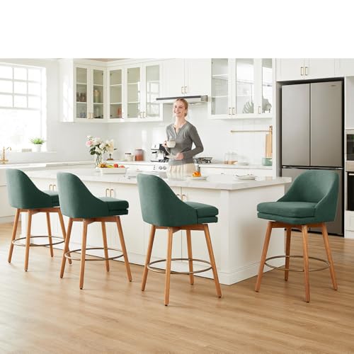 Image of kinmars Modern Bar Stools Set of 2,Swivel Counter Height Bar Stools with Soft Upholstered Back,Thick Seat,Wooden Legs, 27 inch Counter Stools for Kitchen Island (Green, 4 Pieces - 27 inch Counter Height)