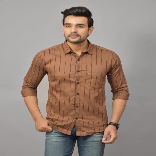 Image of Solid Regular Fit Cotton Casual Strips Shirt for Men || Spread Collar || Full Sleeves (XXX-Large, Brown)