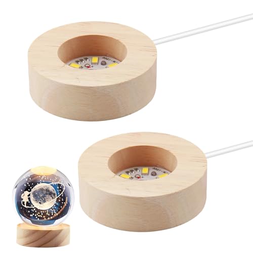 QTMMC 2 Pack Wooden LED Light Base Wood Light Display Base Stand Round Wooden Lighted Base for 3D Crystal Ball Laser Glass Resin Art Warm Color Light USB Cable with Switch 6 x 6 cm Round