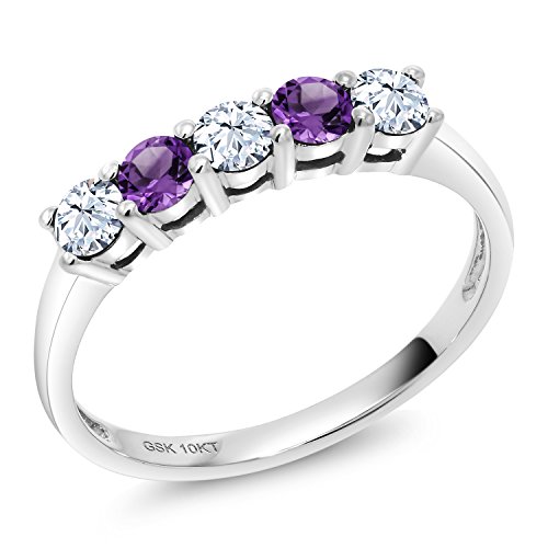 10K White Gold White Created Sapphire and Purple Amethyst 5 Stone Wedding Engagement Promise Ring For Women | 0.59 Cttw | Round 3MM | Gemstone Birthstone | Available In Size 5, 6, 7, 8, 9