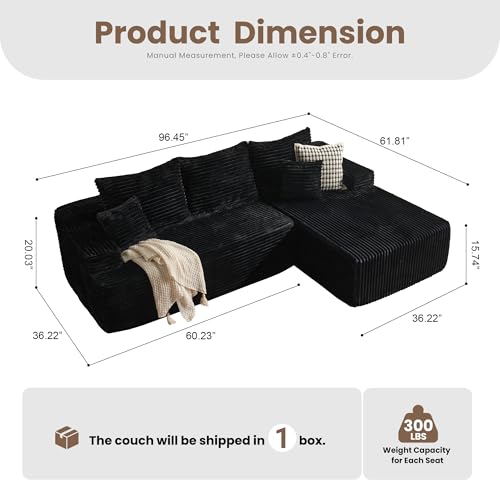 Image of HOOOWOOO Plush L Shaped Sectional Couch,97 inch Assembly Free Modern Minimalist Sofa,Boneless Corner Couch in A Box for Apartment Renting House Office(Right Chaise Black)