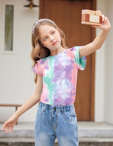 Image of Girls T Shirts Ruffle Short Sleeve Round Neck Loose Blouse Summer Solid Color Casual Girl Tee Tops for 3-12 Years
