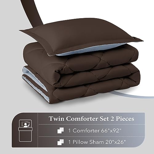 Image of downluxe Twin Comforter Set - Brown and Blue Twin Comforter, Soft Bedding Sets for All Seasons -2 Pieces - 1 Comforter (66 inchx92 inch) and 1 Pillow Sham(20 inchx26 inch)
