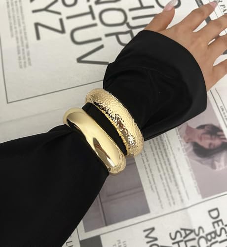 Image of Chunky Gold Bangle Bracelets for Women, Dainty 14k Gold Plated Big Stackable Bangles Set, Trendy Statement Cuff Bracelet Stack Fashion Jewelry Gifts