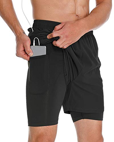 LABEYZON Men's Workout 2 in 1 Running Shorts 7 Inch Quick Dry Athletic Sport Gym Shorts with Phone Pockets (Black M)