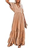 Linsery Ladies Ruched High Waist Layered Swing Maxi Sundress V Neckline Flowy Wedding Long Dress Orange L