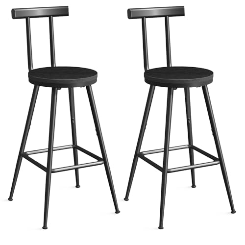 MAHANCRIS Juego de 2 Taburetes con Respaldos, Sillas Altas de Cocina, Estructura de Metal, Pies Ajustables, Fácil Montaje, para Cocina, Salón, Bar, Negro BAHB6001